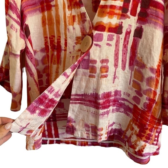 Ali Miles 100% Linen Pink & Orange Watercolor One Button Jacket, Size PM - Picture 3 of 7